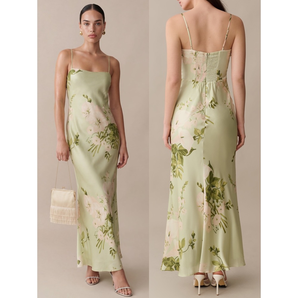 NWT o.p.t Mazzy Floral Silk Maxi Dress in Mint Blossom - Size XS